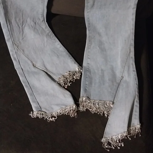 BLUE B RHINESTONE UNEVEN FRINGE HEM DENIM BLUE JEANS- L (31) - Picture 6 of 11